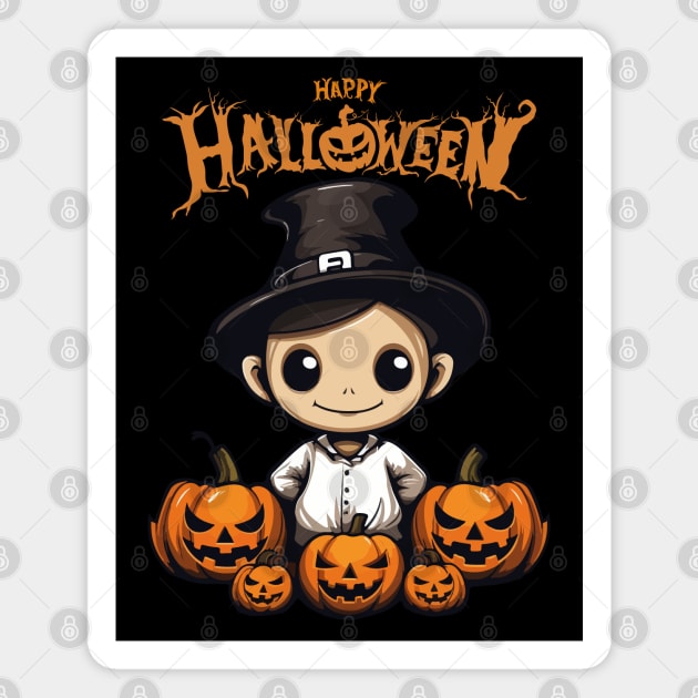 Cute Boy in Witch Hat and Spooky Pumpkin, Happy Halloween Magnet by BaliChili